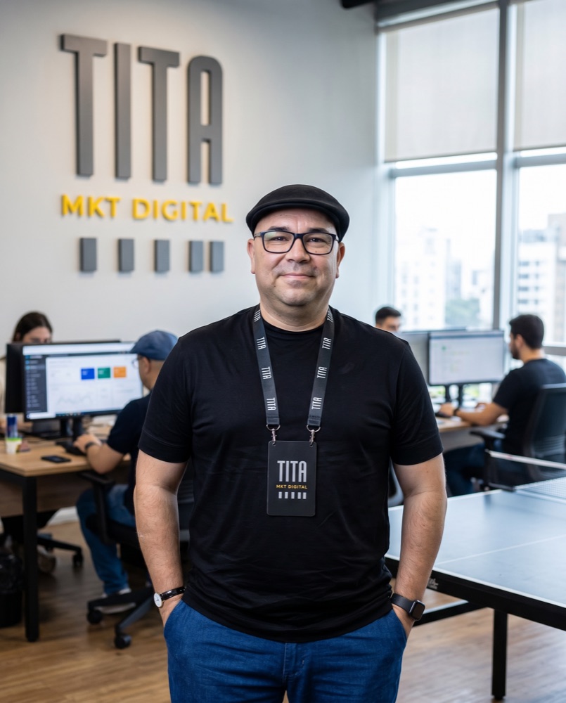 Luciano Tita na sede da Tita Marketing Digital, com o time em operação ao fundo
