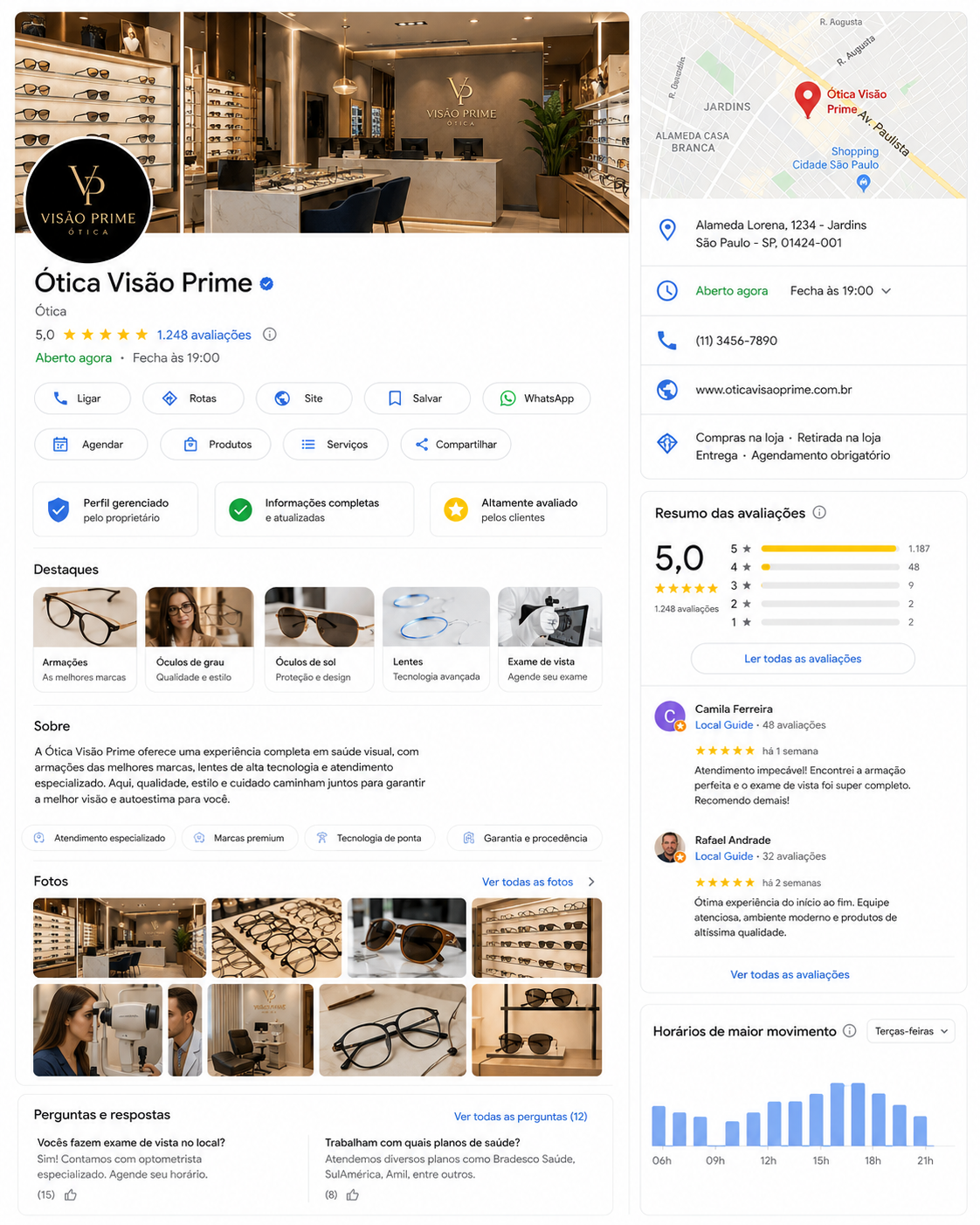 Exemplo de ficha do Google Meu Negócio de uma ótica