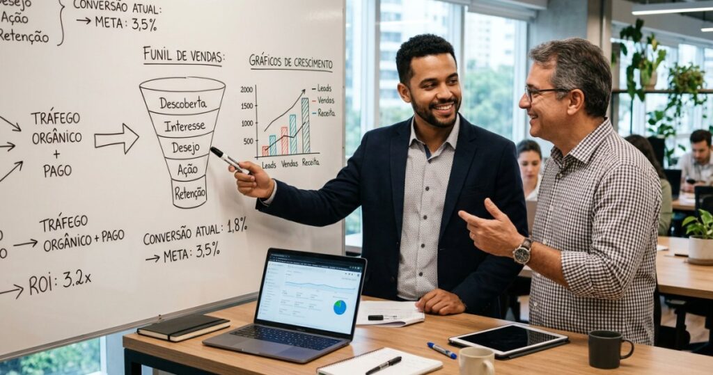 Agência de marketing digital parceira estratégica em reunião de planejamento com cliente PME