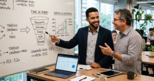 Agência de marketing digital parceira estratégica em reunião de planejamento com cliente PME