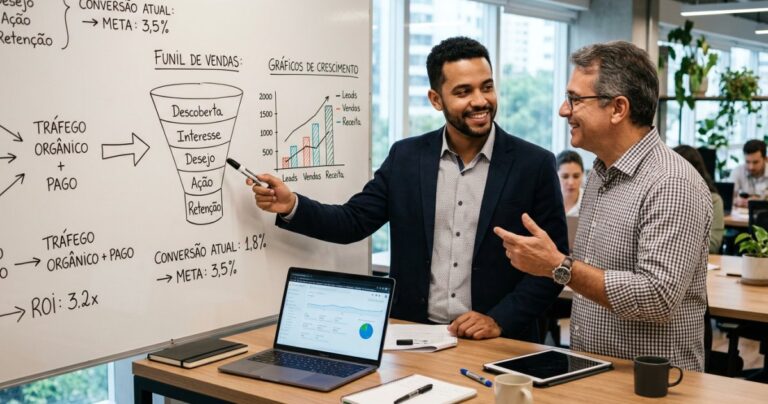 Agência de marketing digital parceira estratégica em reunião de planejamento com cliente PME