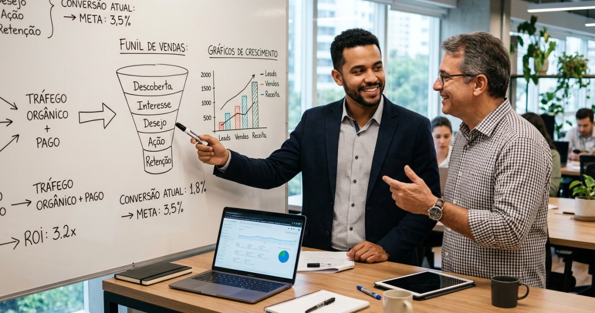 Agência de marketing digital parceira estratégica em reunião de planejamento com cliente PME