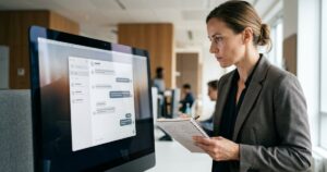 Profissional fazendo auditoria de IA, comparando anotações em caderno com resposta de chat de inteligência artificial no monitor