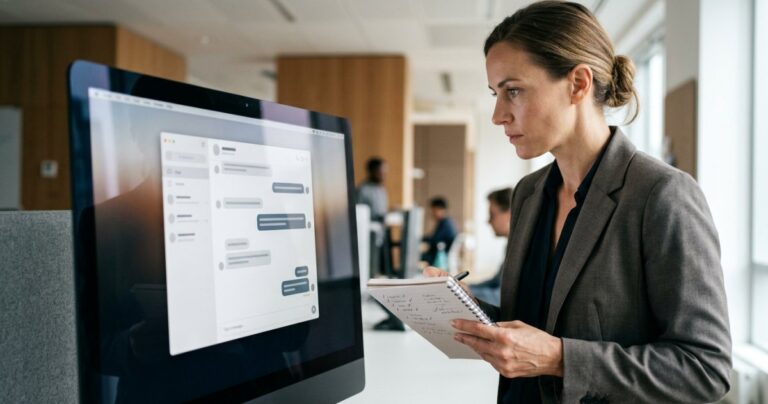 Profissional fazendo auditoria de IA, comparando anotações em caderno com resposta de chat de inteligência artificial no monitor