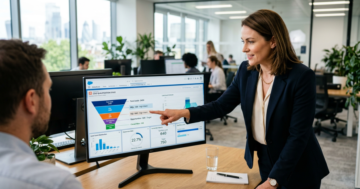 lead scoring B2B: profissional analisando funil de leads e CRM