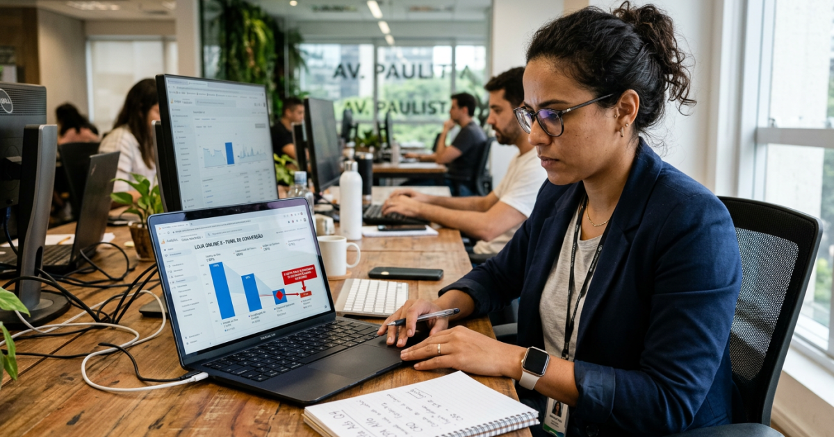 Gestor de tráfego pago analisando mapeamento de funil de ecommerce