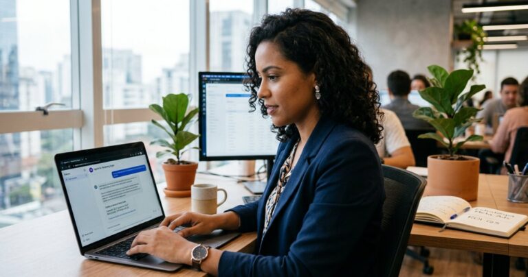 Profissional de marketing analisando um anúncio patrocinado dentro do ChatGPT no notebook