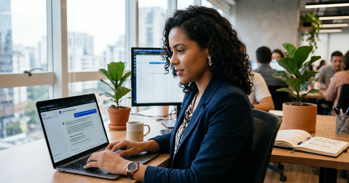 Profissional de marketing analisando um anúncio patrocinado dentro do ChatGPT no notebook