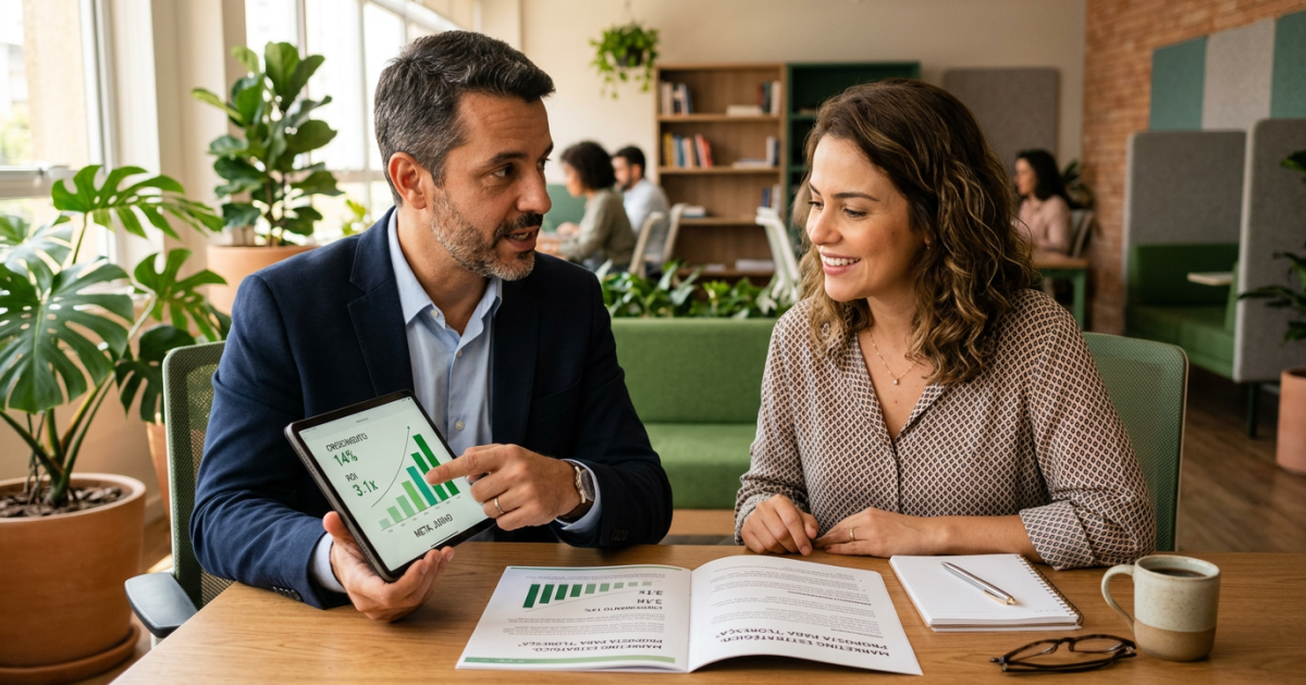 Consultor de tráfego pago explicando modelo de cobrança e orçamento para cliente