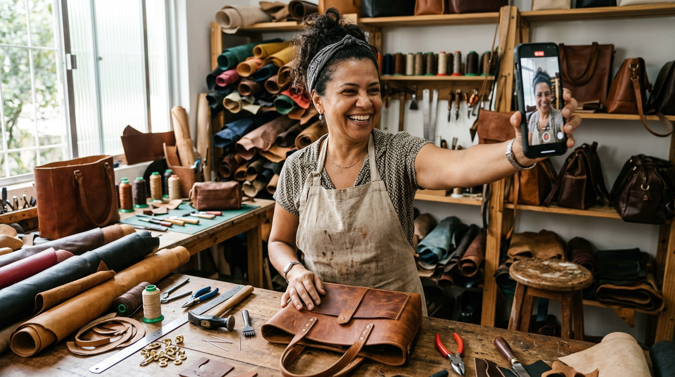 Artesã gravando vídeo de bastidor da produção de uma bolsa de couro no celular