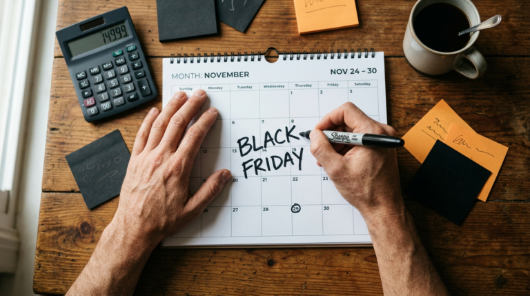Mãos marcando quando começar a campanha de Black Friday num calendário físico