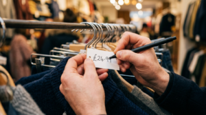 Mãos trocando etiqueta de preço, ilustrando desconto falso na Black Friday