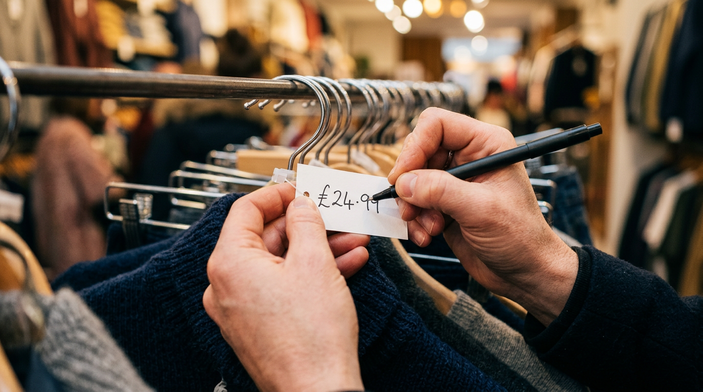 Mãos trocando etiqueta de preço, ilustrando desconto falso na Black Friday