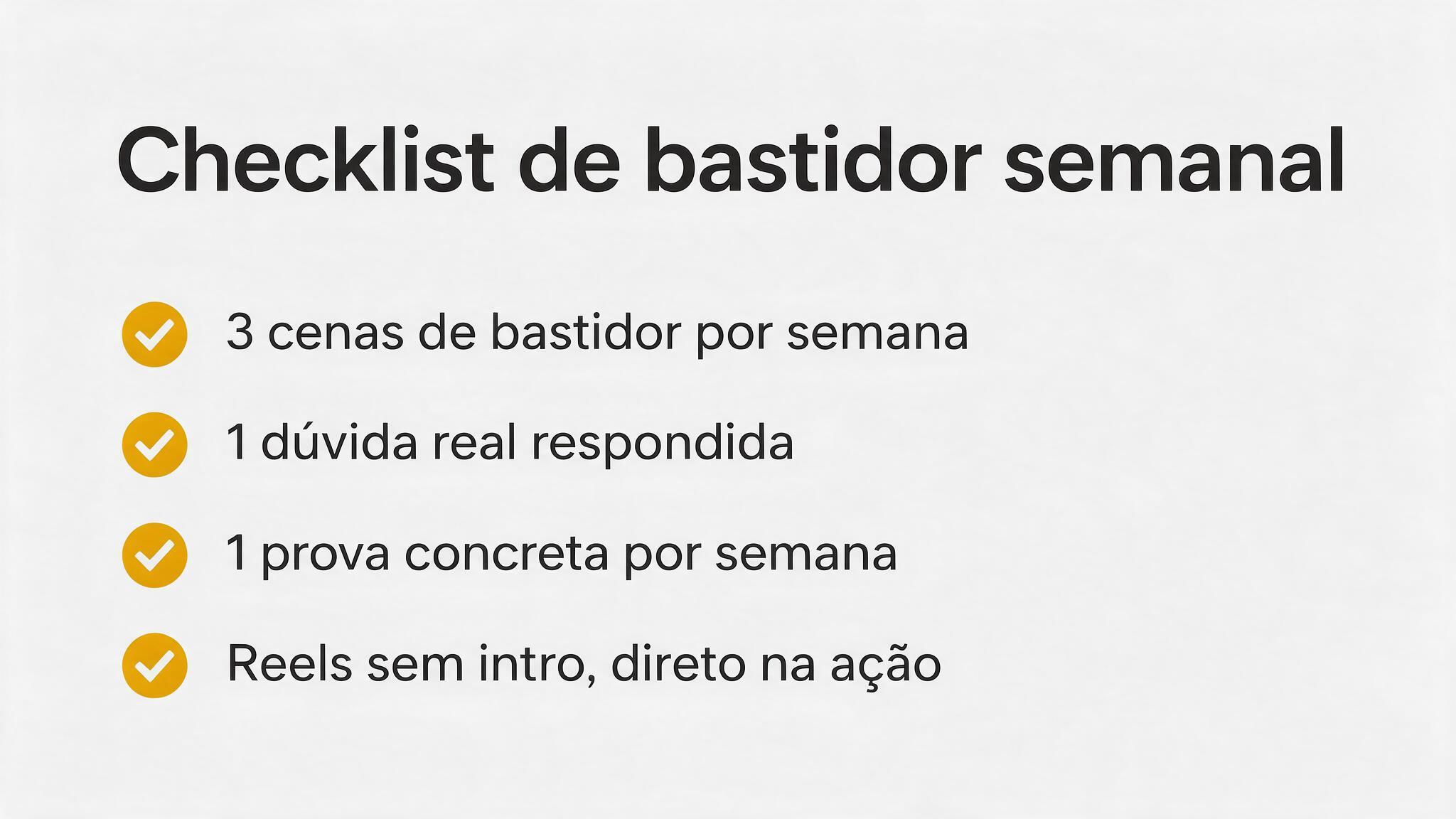 Infográfico com o checklist de bastidor semanal para o Instagram: 3 cenas de bastidor, 1 dúvida respondida, 1 prova concreta e reels sem intro
