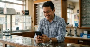 Ótica não aparece no Google: dono do negócio verificando o perfil pelo celular