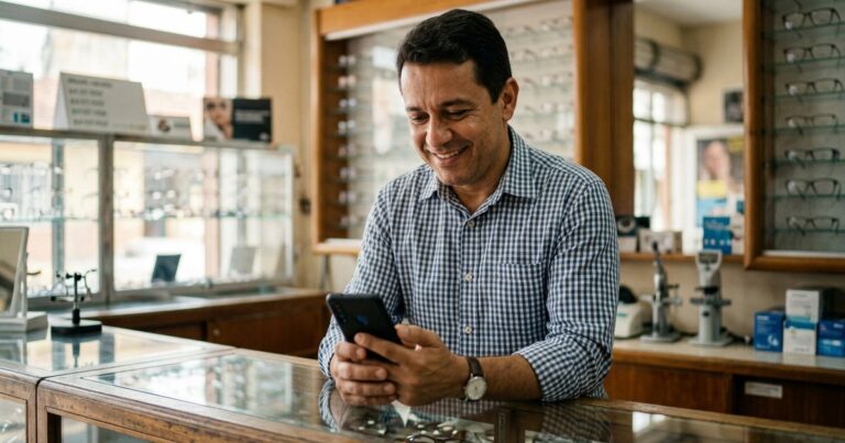 Ótica não aparece no Google: dono do negócio verificando o perfil pelo celular