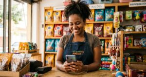 Pet shop não aparece no Google: dona do negócio verificando o perfil pelo celular