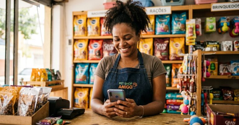 Pet shop não aparece no Google: dona do negócio verificando o perfil pelo celular