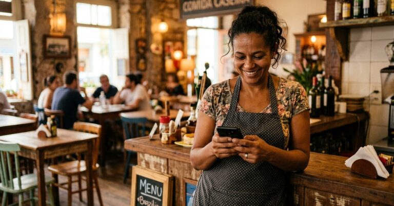 Restaurante não aparece no Google: dona do negócio verificando o perfil pelo celular