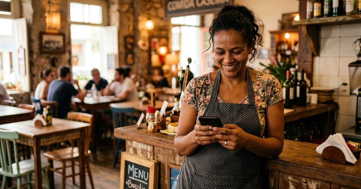 Restaurante não aparece no Google: dona do negócio verificando o perfil pelo celular