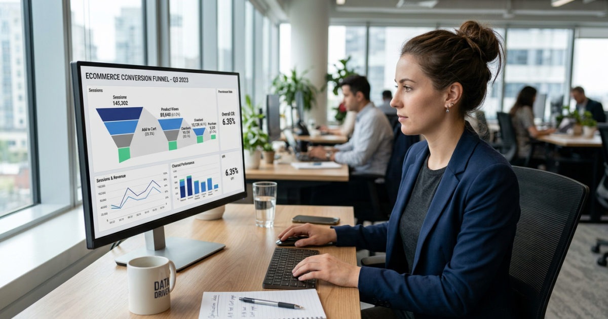Gestor de tráfego pago analisando taxa de conversão de ecommerce em dashboard